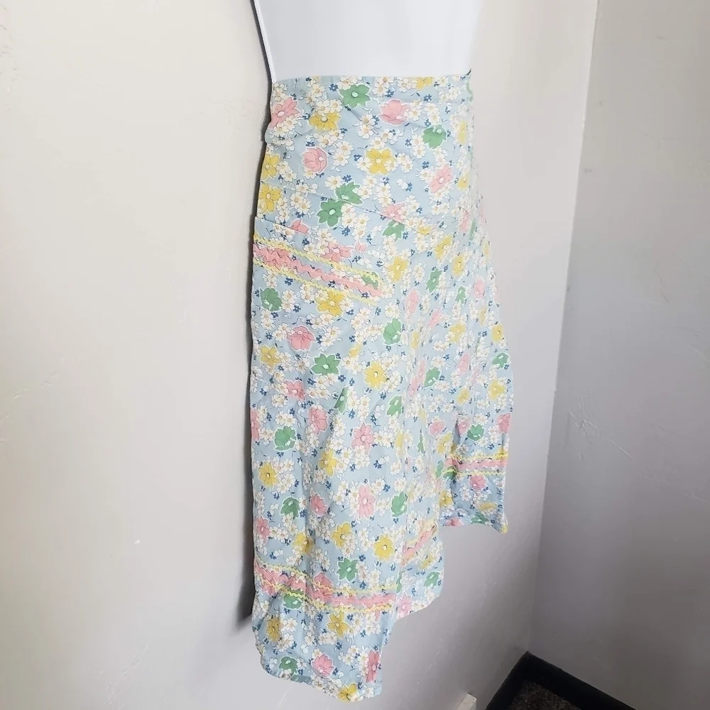 Vintage Handmade Skirt Waist Apron Floral Print Ric-Rac Pink Blue Yellow Green